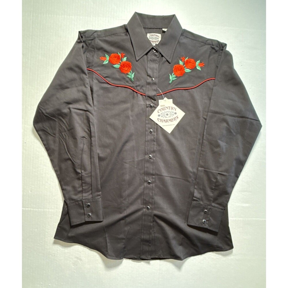 Ely Country Charmers Pearl Snap Shirt Large Western Rose Black NWT NEW